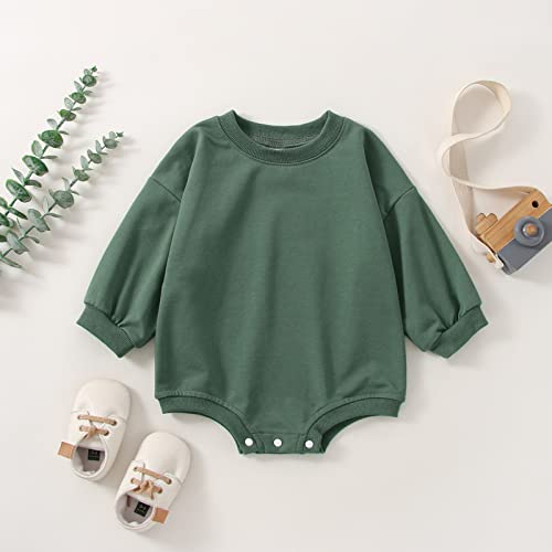 DOSYZTO Baby Girl Boy Sweatshirt Romper Outfit Solid Color Long Sleeve Round Neck Jumpsuit Infant Bodysuit Top (Solid Dark Green Romper,12-18 Months)