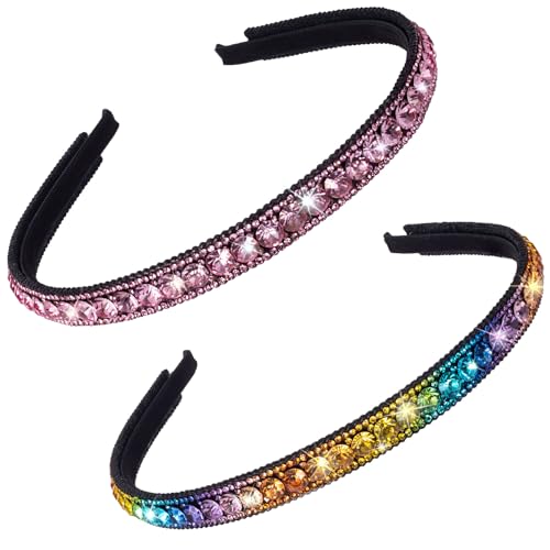 HINZIC 2 Pack Non-Slip Rhinestone Headbands for Women, Muliti-Colors Sparkling Crystal Hair Bands for Bridal Wedding, Bling Diamond Hair Styling Clips Accessories for Girls