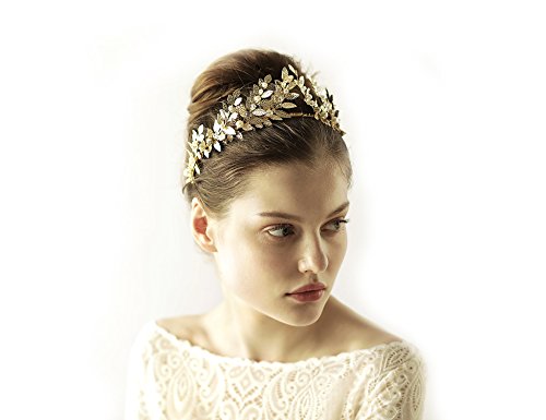 Bridal Tiara Wedding Crown Leaf Headband Grecian Wreath Laurel Wedding Goddess Headpiece with Crystal and Pearl