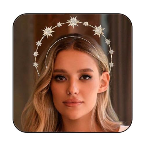 CAKURE Crystal Halo Crown Gold Star Headband Goddess Headpiece Bridal Wedding Tiara and Crowns Hair Accessories for Women and Girls (Rose gold)