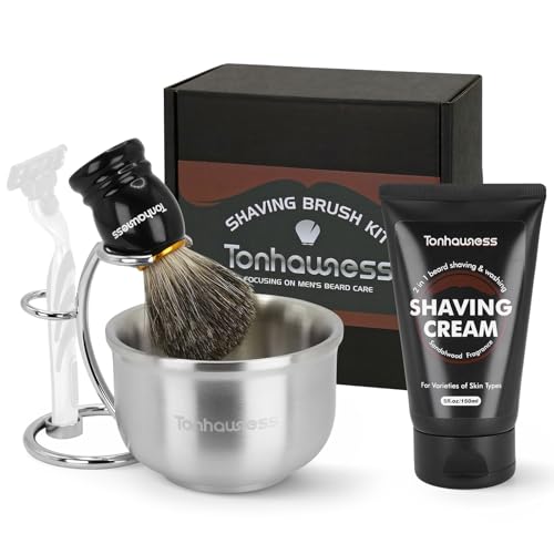Shaving Brushes Kit For Men, 4 In 1 Shaving Brush Set Includes Nylon Bristle Shaving Brush, Sandalwood Shaving Cream, Stainless Steel Shaving Bowl and Stand