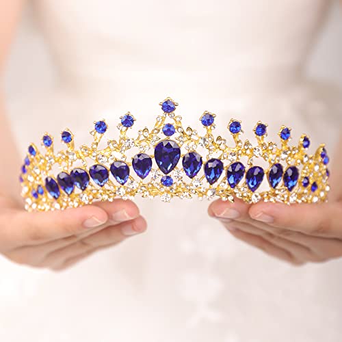 wekicici Wekicici Tiara Crowns Blue Crystal Headband Princess Rhinestone Crown King Queen Halloween Costume Prom Bridal Party