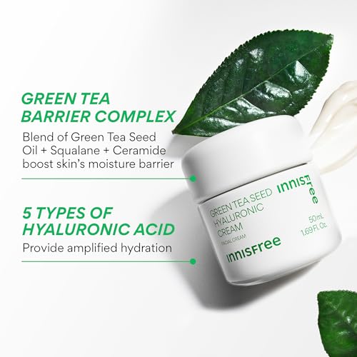 innisfree Green Tea Depuff + Hydrate Duo, Green Tea Caffeine Eye Serum + Green Tea Hyaluronic Cream, Korean Skincare with Eye Roll On and Cream for Hydrated, Glowing Skin