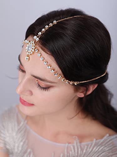 JWICOS Boho Rhinestone Head Chain Bridal Wedding Hair Piece Crystal Holloween Bride Hair Accessories for Women and Girls (Gold)