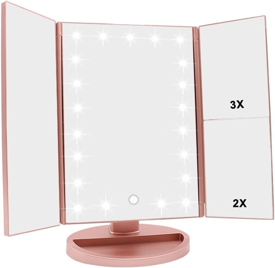 WEILY Makeup Mirror with 21 LED Lights,Two Power Supply Modes, Adjustable Touch Screen and 1x/2x/3x Magnification Tri-Fold Vanity Mirror,Chargeable Travel Cosmetic Mirror for Desktop(Rose Pink)