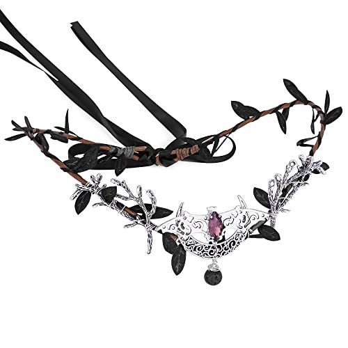 MOSTORY Handmade Black Elf Moon Crown - Woodland Fairy Headpiece Medieval Leaf Circlet for Women Girls Witch Renaissance Halloween Party Prom Cosplay Accessory