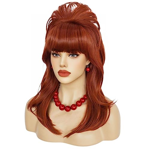 Anogol Hair Cap+5 Pcs Peggy Bundy Wig Auburn Beehive Wig with Pearl Necklace Earrings Bracelet 50s 60s 1950s 1960s Wigs for Women Red Housewife Wig Fembot Wigs for Cosplay Costume Halloween Party