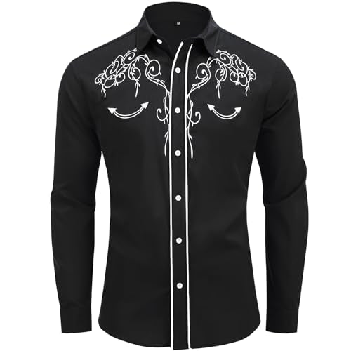 GRAJTCIN Western Shirt Men Cowboy Dress Shirt Casual Medieval Renaissance Rodeo Halloween Christmas Costume (Black, M)