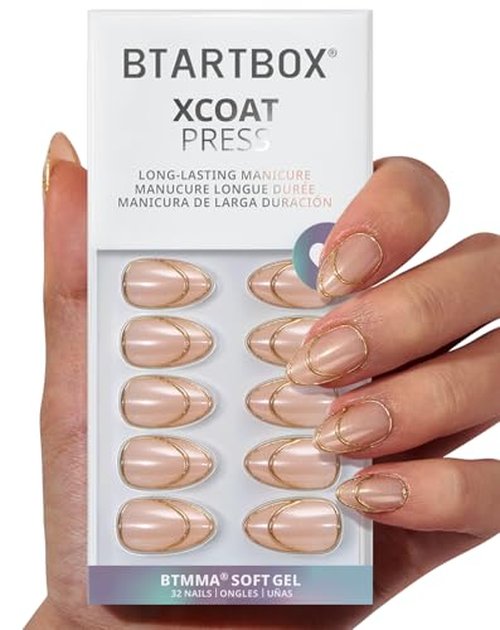 BTArtbox French Tip Press On Nails - Sparkle Bow, Lamp-Curable Short Almond Press On Nails with Glue and Adhesive Tabs for Women in 16 Sizes - 32 Soft Gel Glue On Nails Kit
