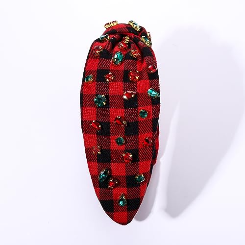 CEALXHENY Christmas Headband Accessories for Women Red Green Rhinestone Crystal Knotted Headband Jeweled Xmas Plaid Wide Top Knot Headband Christmas Outfits Holiday Gifts (Christmas 1)