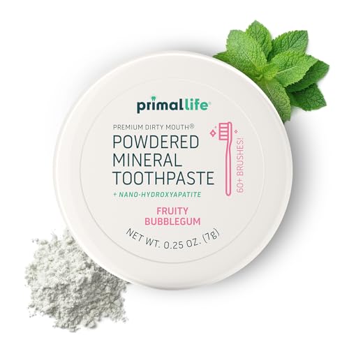 Primal Life Organics - Dirty Mouth Toothpowder, Tooth Cleaning Powder, Flavored Essential Oils with Natural Kaolin & Bentonite Clay, Good for 200+ Brushings, Organic, Vegan (Sweet Bubblegum, 0.25 oz)