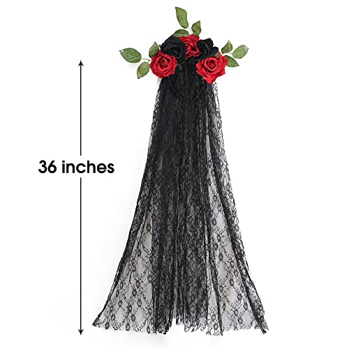 Bubbmi Mexican Rose Flower Crown Headband with Black Veil, Day of the Dead Headpiece, Halloween Festival Headwear, Dia De Los Muertos Hairhoop (Mexican F)