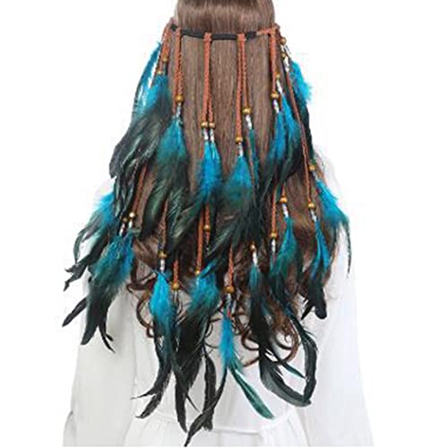 Gangel Hippe Feather Headband Gradient Blue Color Headpieces Boho Headbands Gypsy Hairband Feather Tassel Headdress Hemp Rope for Festival Masquerades Carnival Costume Hair Accessory for Women