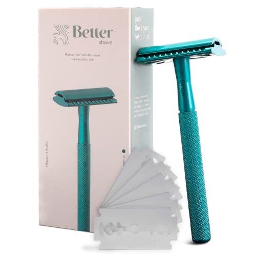 Bettershave Single Blade Razors for Women Set (Reusable metal handle + 5 blades) Safety Razor for Women Shaving Sensitive Skin on Body, Legs and Bikini area - Teal