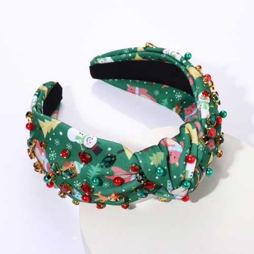 FAERLIIRY Christmas Headband, Fabric Hairband for Women with Crystal Knotted Top Knot, Christmas Hair Accessories (Christmas-Green, 1 Count)