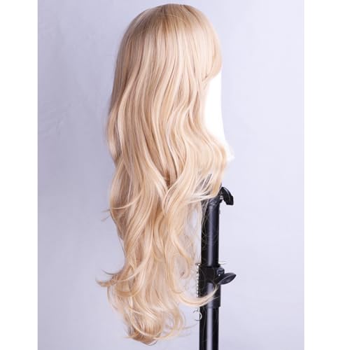 BERON Blonde Wigs Long Curly Wavy Women Wigs with Bangs Ash Blonde Curly Heat Resistant Synthetic Wigs for Daily Wigs Wig Cap Included