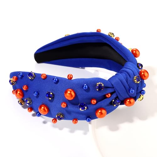 GLBCC Pearl Knotted Headband, Blue, Fabric, for Women Football Game Day, Pearl Rhinestone Jeweled Hairband, Team Spirit Sports Fashion Ladies Wide Headband, Hair Accessories, One Size Fits All