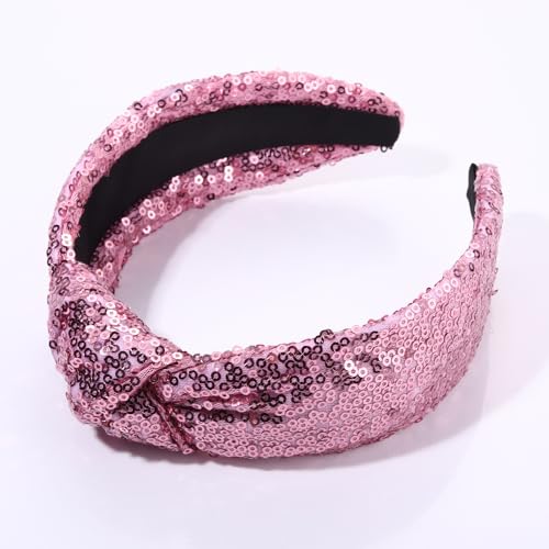 HEIDKRUEGER Glitter Sequin Headbands Soft Knotted Hairband Sparkle Fashion Headband for Women Girls Bar Stage Sing Dance Party Hair Accessories (B Pink)