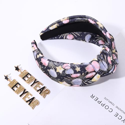 YAHPERN New Year’s Eve Headbands for Women Happy New Year Headband Printed Clock Top Hat Star Headband Holiday Knotted Headband New Year’s Eve Hair Accessories Party Favors Gifts (New Year)