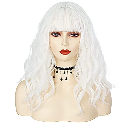 JoneTing White wig +(Wig Cap) with Bangs Cosplay Costume Synthetic Short Natural Wavy Wigs for Women Halloween Christmas Costume Party Wig