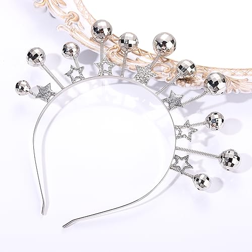 HEIDKRUEGER Disco Ball Headband Rhinestone Star Mirrorball Hairbands for Women Festive Holiday Parade Hair Hoop (Star and Disco Ball Headband)