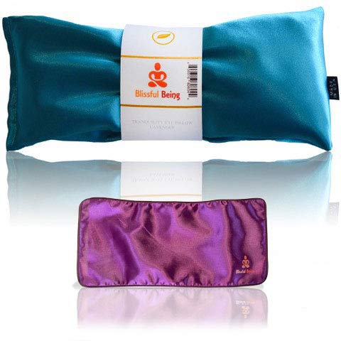 Blissful Being Lavender Eye Pillow with Purple Satin Cover- Hot or Cold Aromatherapy Eye Pillow perfect for Naps, Yoga, Meditation - Natural Relaxation (Aqua with purple cover bundle)