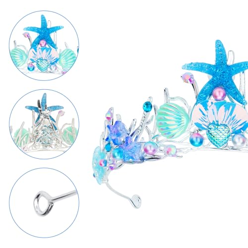 GAFATORY Blue Mermaid Crown and Sash for Women Birthday Crown and Sash for Birthday Princess Mermaid Adult Crown Ocean Theme Mermaid Birthday Decoration Seashell Fishtail Crown Halloween