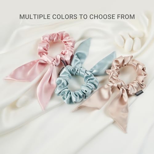 THXSILK Hair Silk Scrunchies with Bow for Women Pure Mulberry Silk Hair Cute Ring Ties Scrunchies for Girls Women's Thick Hair Black, 3.5"