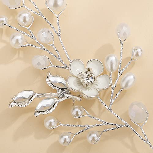 Teyglen Crystal Bride Wedding Hair Vine Handmade Silver Leaf Headband Bridal Flower Rhinestone Headpieces Wedding Hair Accessories Floral Crystal Hair Pieces for Women Girls(Silver)