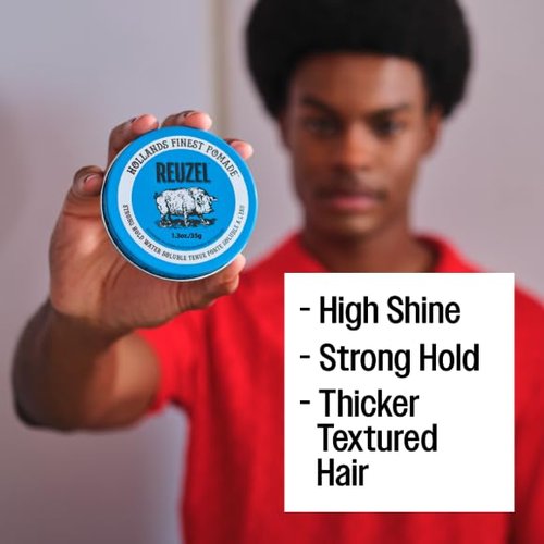 REUZEL Blue Pomade, Strong All Day Hold, Water Soluble Styling, High Shine and Flake Free, Easy To Wash Out, For All Hair Types