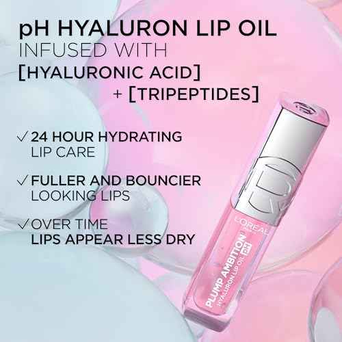 L'Oreal Paris Plump Ambition pH Hyaluron Lip Oil, Color Shifting Lip Tint with 24HR Hydration, Volumizing Shine and Lasting Color, 010 pH Cristal Ice