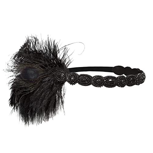 Roaring Art Deco 1920s Headpieces for Women Flapper Headband 20s Gatsby Costume Peacock Hair Accessories 06Black