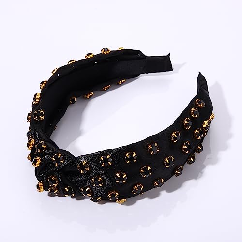 ZITULRY Crystal Knotted Headband for Women Sparkle Rhinestone Jeweled Embellished Top Knot Hairband Solid Color Wide Turban Hair Hoop Hair Accessories for Girls Ladies