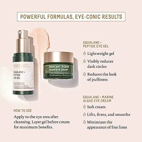 BIOSSANCE Squalane and Marine Algae Eye Cream - Anti-Aging Under Eye Cream for Fine Lines, Wrinkles, and Puffiness - Hydrating & Lifting Formula with Hyaluronic Acid and Paracress Extract - 0.5 Ounce