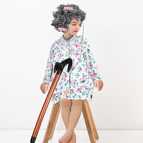 ramede 8 Pcs Halloween Old Lady Cosplay Costume for Kids 100th Day of School Grandma Costume with Cane Dress Wig(3-4 Years)