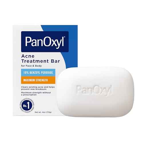 PanOxyl Acne Treatment Bar with 10% Benzoyl Peroxide, Maximum Strength Acne Bar for Face, Chest, and Back, Soap-Free Body Wash, Treats Acne Pimples, Whiteheads, Blackheads, pH Balanced, Vegan, 4 oz