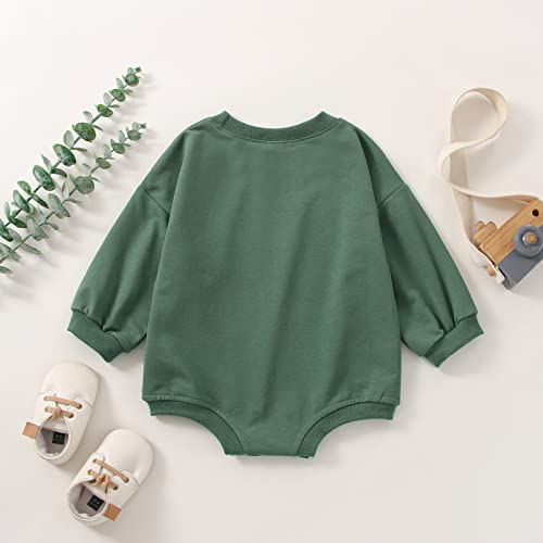 DOSYZTO Baby Girl Boy Sweatshirt Romper Outfit Solid Color Long Sleeve Round Neck Jumpsuit Infant Bodysuit Top (Solid Dark Green Romper,12-18 Months)