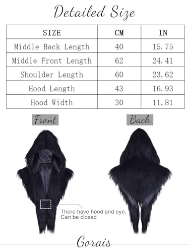 GORAIS Women Hooded Faux Fur Collar Fur Shoulder Wrap Cosplay Costume Fur Cape for Halloween Outfit Black