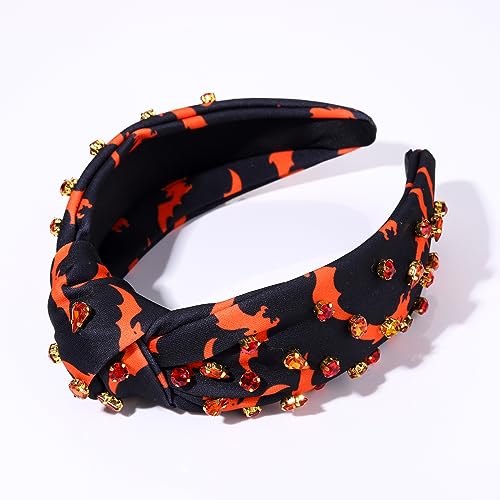 Halloween Crystal Knotted Headband for Women Rhinestone Jeweled Embellished Bat Print Wide Top Knot Hairband Halloween Costume Party Hair Accessory (Bat)