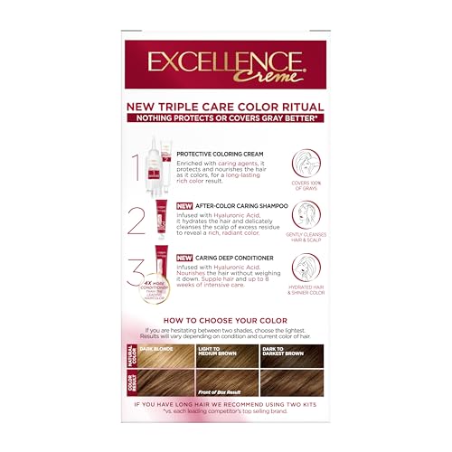 L'Oreal Paris Excellence Crème Permanent Hair Dye, Triple Care Hair Color with Hyaluronic Acid for 100% Gray Coverage, 5G Medium Golden Brown, 1 Kit (Packaging May Vary)