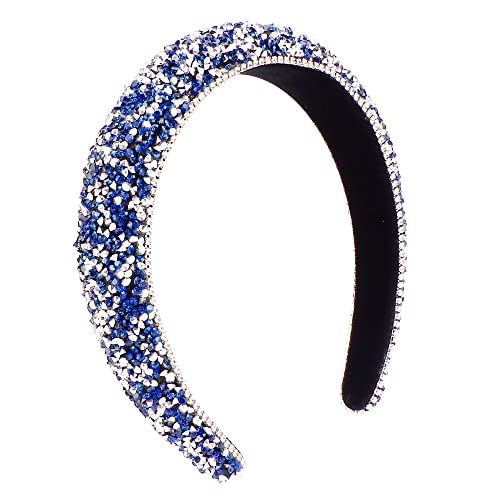 FASOTY Rhinestone Headband Women Fashion Handmade Navy Blue Headband Crystal Diamond Bling Headbands Hair Hoops Padded Headband Glitter Beaded Hairband Sparkle Hair Accessories (Blue+Silver)