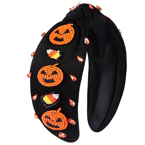 NVENF Halloween Headband Accessories for Women Crystal Pearl Knotted Headband Embellished Beaded Pumpkin Candy Corn Boo Headbands Rhinestone Jeweled Top Knot Headband Costume Party Favors (Pumpkin 5)