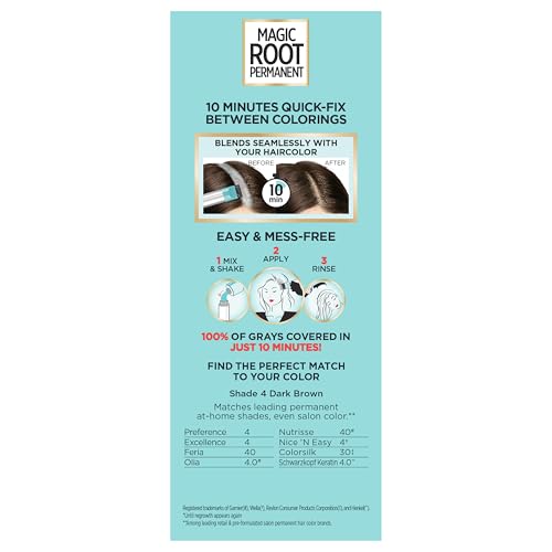 L’Oréal Paris Magic Root Permanent Hair Color, 10 Minute Root Coloring Kit with 100% Gray Hair Coverage, 4 Dark Brown, 1 Count