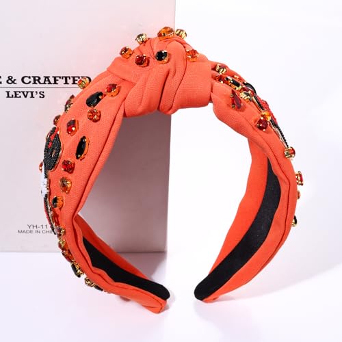 YAHPERN Halloween Headband for Women Spooky Pumpkin Spider Ghost Headband Jeweled Rhinestone Crystal Knotted Headband Embellished Wide Top Knot Headband Halloween Hair Accessories Outfits Party Gifts