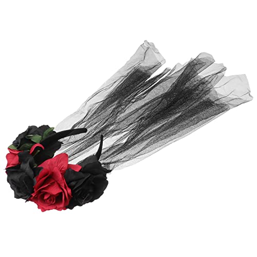 Beaupretty Halloween Headband with Roses Veil Day of the Dead Headpiece Flower Crown Veil