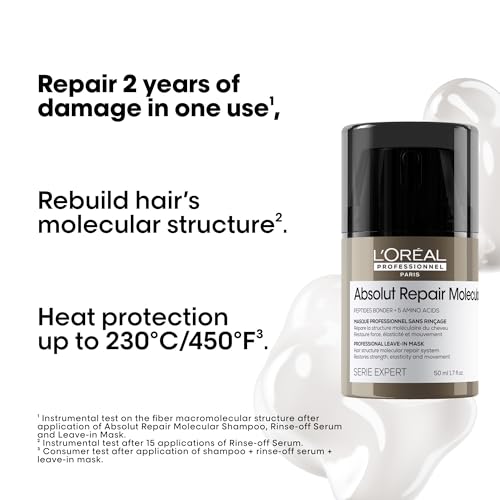 L'Oréal Professionnel Paris Absolut Repair Molecular Leave In Mask - Smooths and Strengthens Hair For All Damaged Hair Types, Protects from Heat
