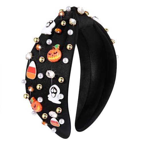 Halloween Headband Rhinestone Knotted Headband for Women Pumpkin Corn Ghost Charm Crystal Embellished Wide Top Knot Hairband Halloween Cosplay Party Hair Accessories