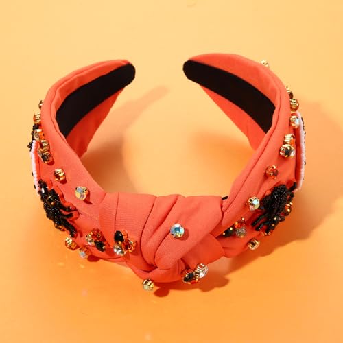 NVENF Halloween Headband Accessories for Women Crystal Pearl Knotted Headband Embellished Beaded Pumpkin Candy Corn Boo Headbands Rhinestone Jeweled Top Knot Headband Costume Party Favors (Ghost 4)