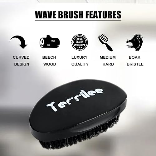 Terrilee Palm Wave Brush - 360 Curved Beech & Medium Hard Boar Bristles for Black Men's Wave Hairstyling (Black with box)