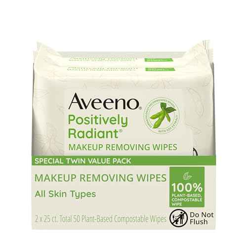 Aveeno Positively Radiant Alcohol Free Makeup Removing Face Wipes, Gentle Non-Comedogenic Facial Cleansing, 100% Plant Based Home Compostable, Sulfate Free, 50 Count (2 Packs of 25)